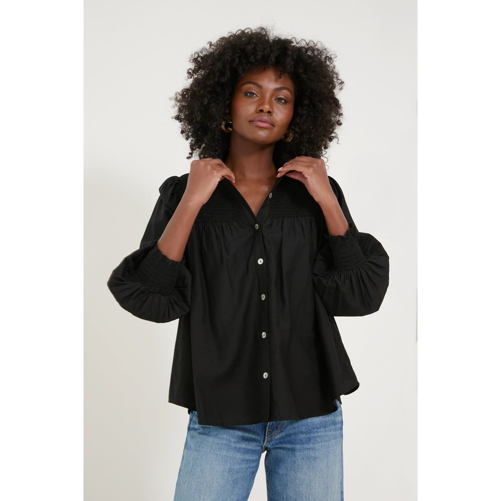 Tuckernuck Pomander Place Jaia Black Smocked Long Sleeve Blouse (MSRP: $98) L
